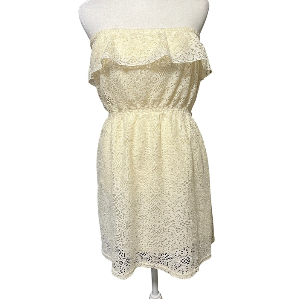 No Bo Cream Lace Strapless Hippie Fairy Boho Western Dress Ruffle Top Size Large